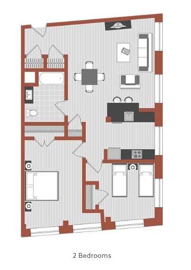 Floor plan for 2 beds, 1 bath, 1024 sqft